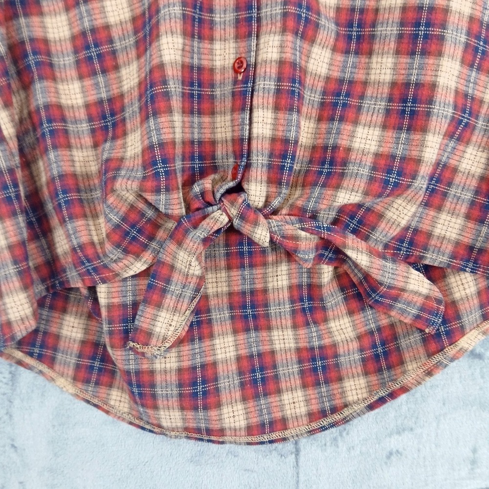 Hem & Thread Shirt Womens Small Red Blue Plaid‎ Tie Front Button Up Long Sleeve - Picture 3 of 8